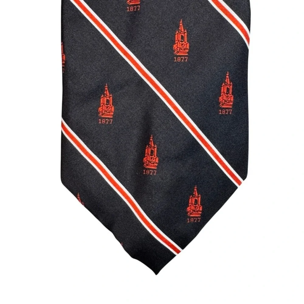Rivetz of Boston Mens Silk Tie Navy Blue Red White Striped 1877 Crest Handmade